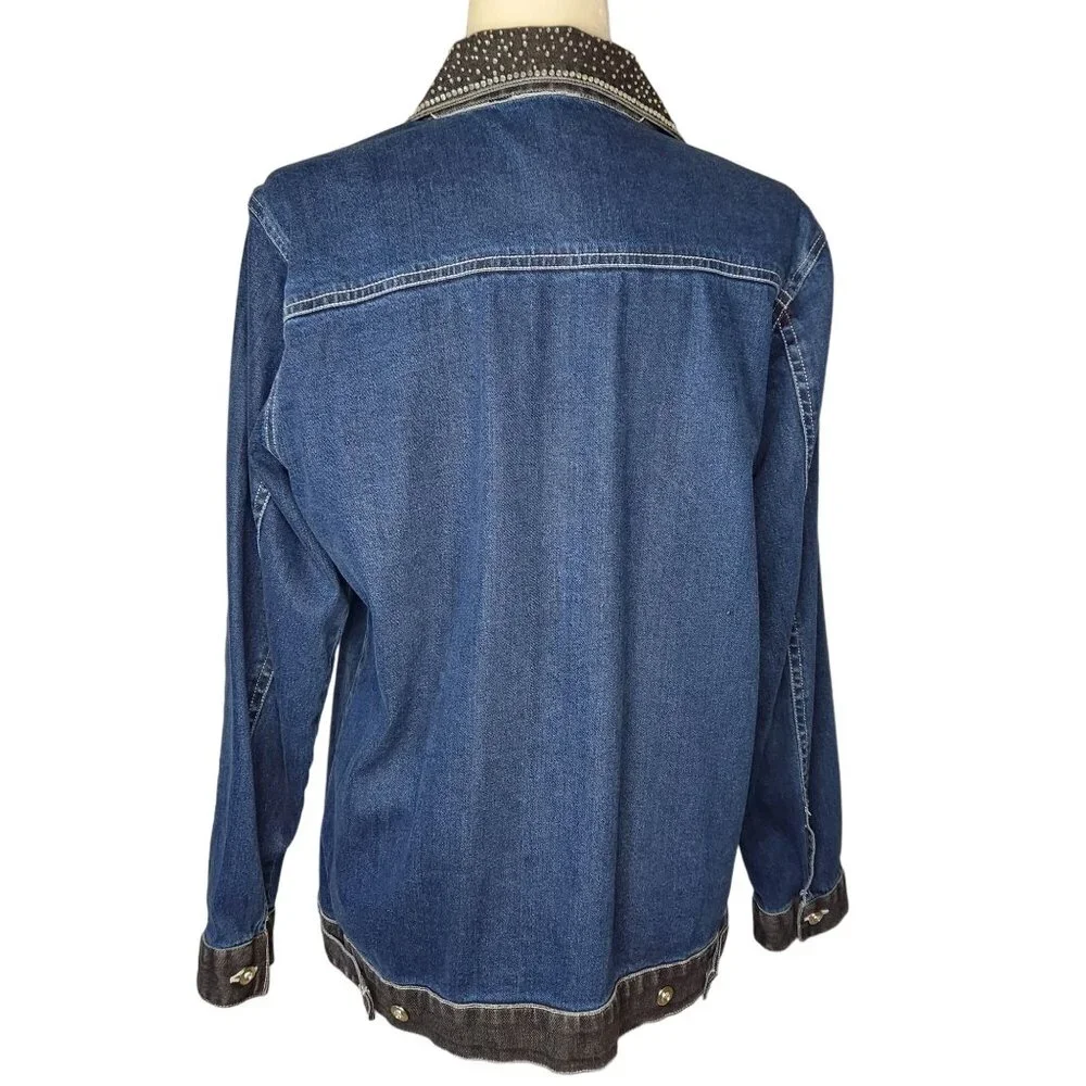 Vintage Y2K 2000s Quacker Factory Denim Jean Jacket Small Studded Collar Sequin